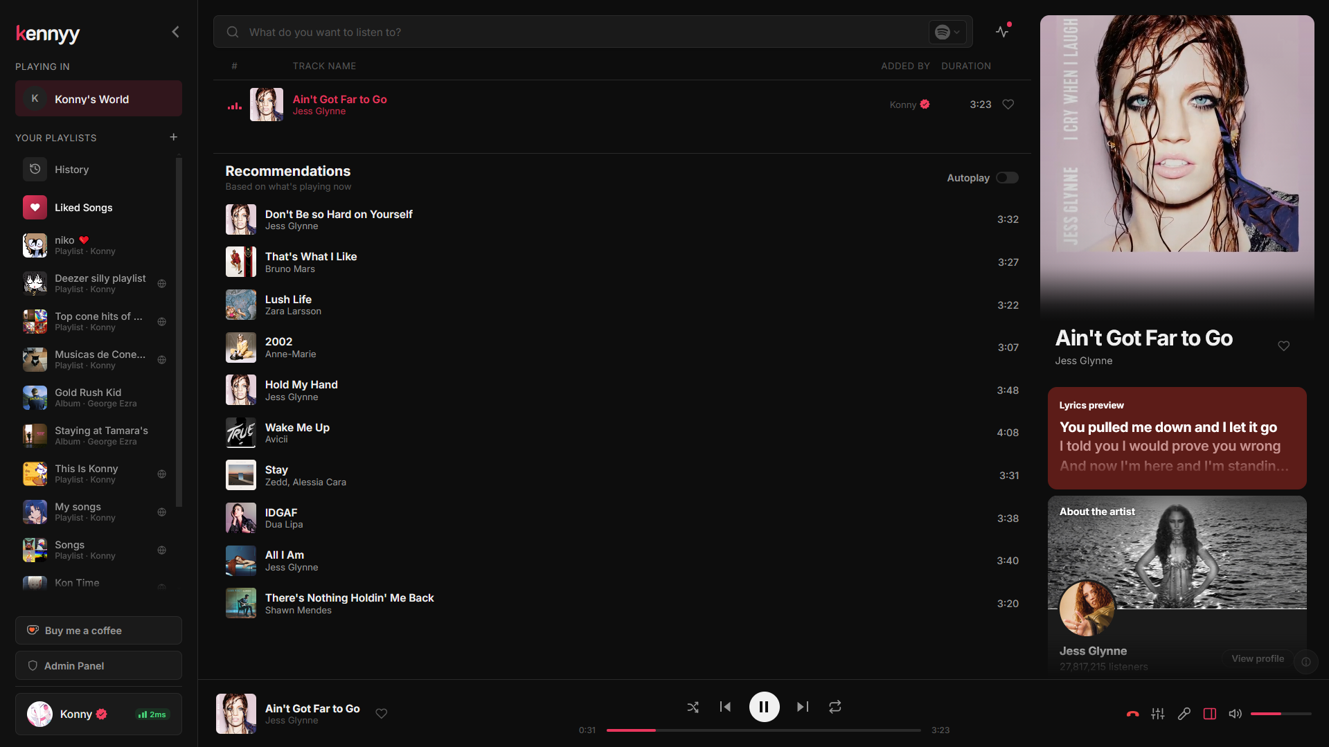 Kennyy Web Player with playlists, song recommendations, lyrics preview and playback controls